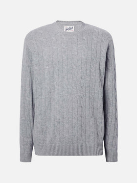Rundhals-Zopfstrickpullover Regent in Graumeliert, 100 % Wolle