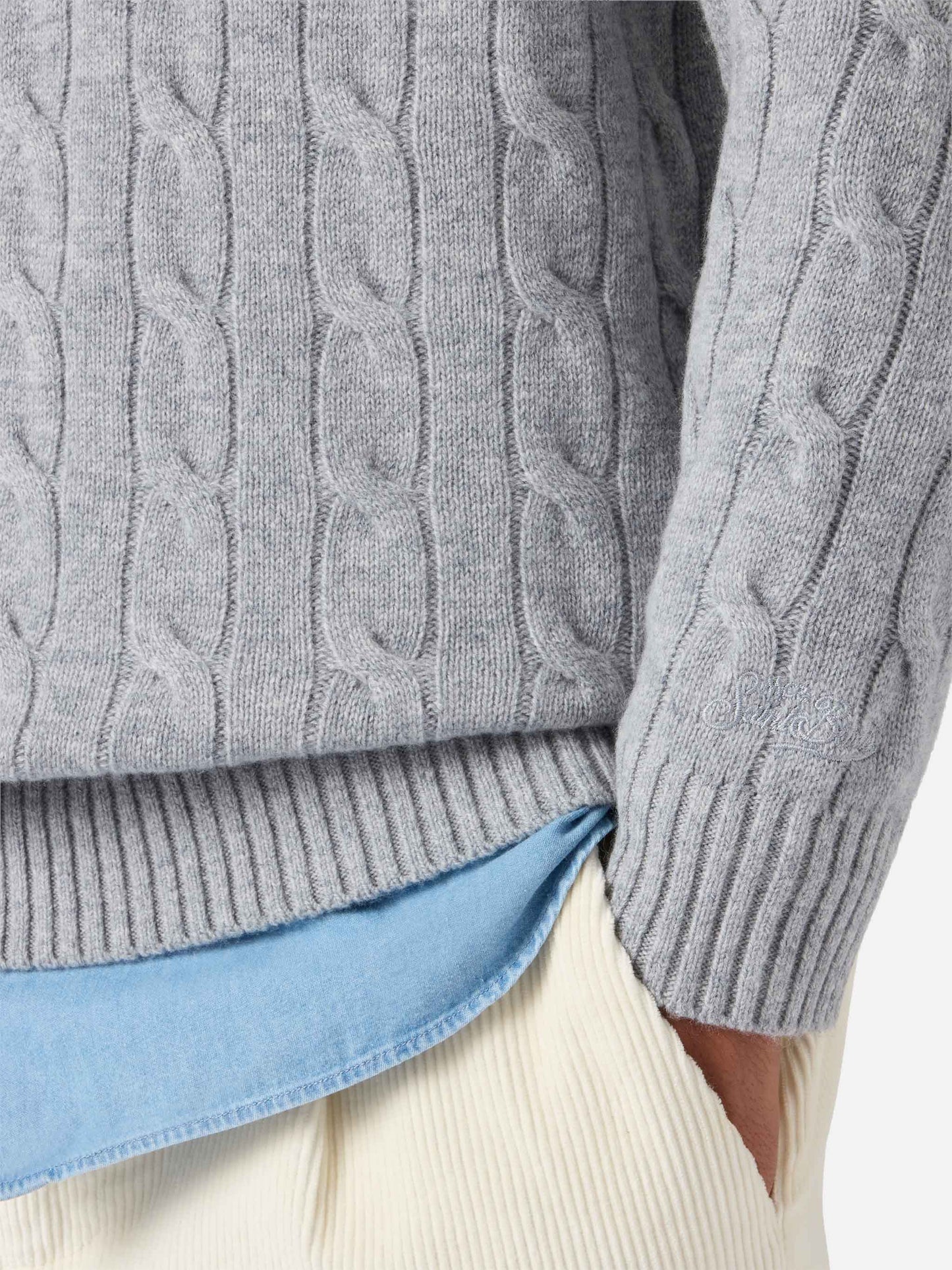 Rundhals-Zopfstrickpullover Regent in Graumeliert, 100 % Wolle