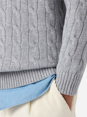 Rundhals-Zopfstrickpullover Regent in Graumeliert, 100 % Wolle