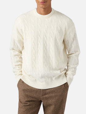 Rundhals-Zopfstrickpullover Regent aus 100 % weißer Wolle