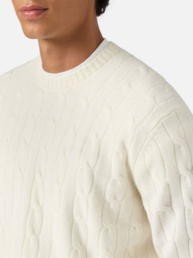Rundhals-Zopfstrickpullover Regent aus 100 % weißer Wolle