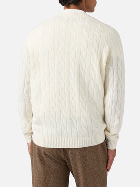 Rundhals-Zopfstrickpullover Regent aus 100 % weißer Wolle