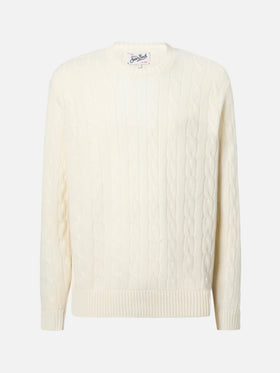 Rundhals-Zopfstrickpullover Regent aus 100 % weißer Wolle