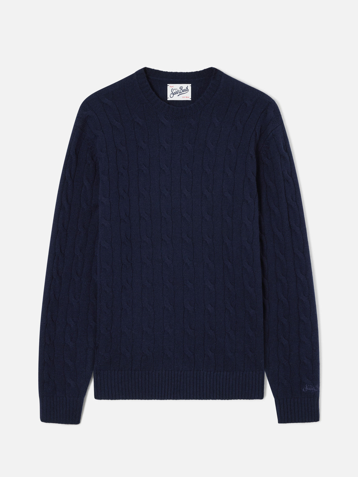Pull à col rond Regent en laine blue bleu marine avec maille torsadée 