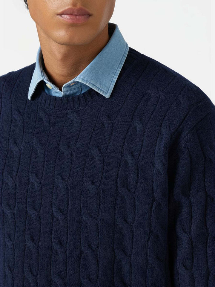 Rundhals-Zopfstrickpullover Regent aus 100 % marineblauer Wolle