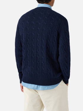 Rundhals-Zopfstrickpullover Regent aus 100 % marineblauer Wolle