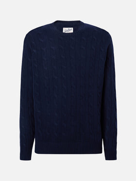 Rundhals-Zopfstrickpullover Regent aus 100 % marineblauer Wolle