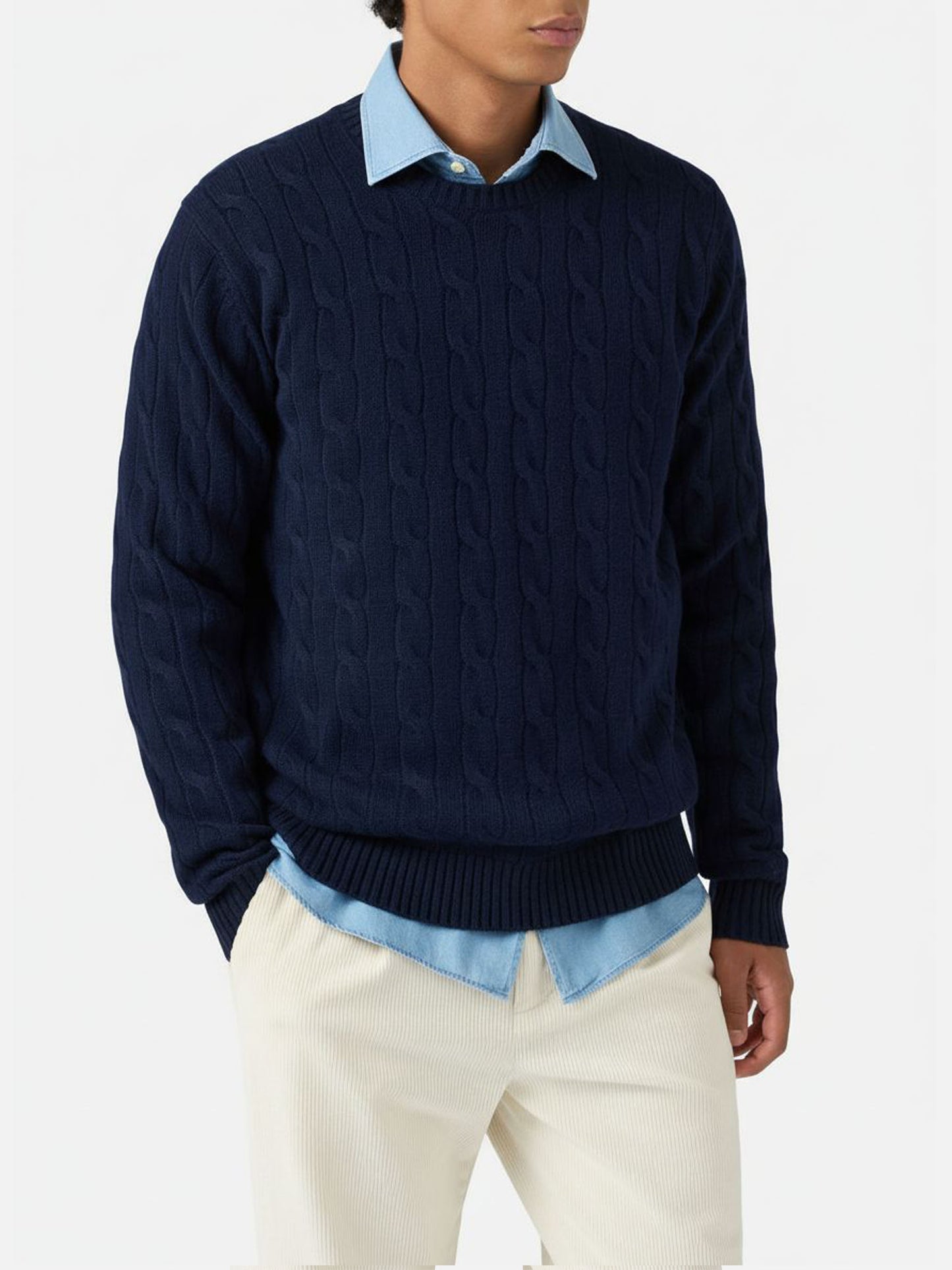 Rundhals-Zopfstrickpullover Regent aus 100 % marineblauer Wolle