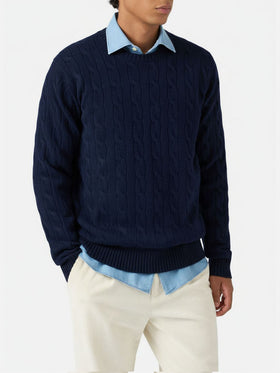 Rundhals-Zopfstrickpullover Regent aus 100 % marineblauer Wolle