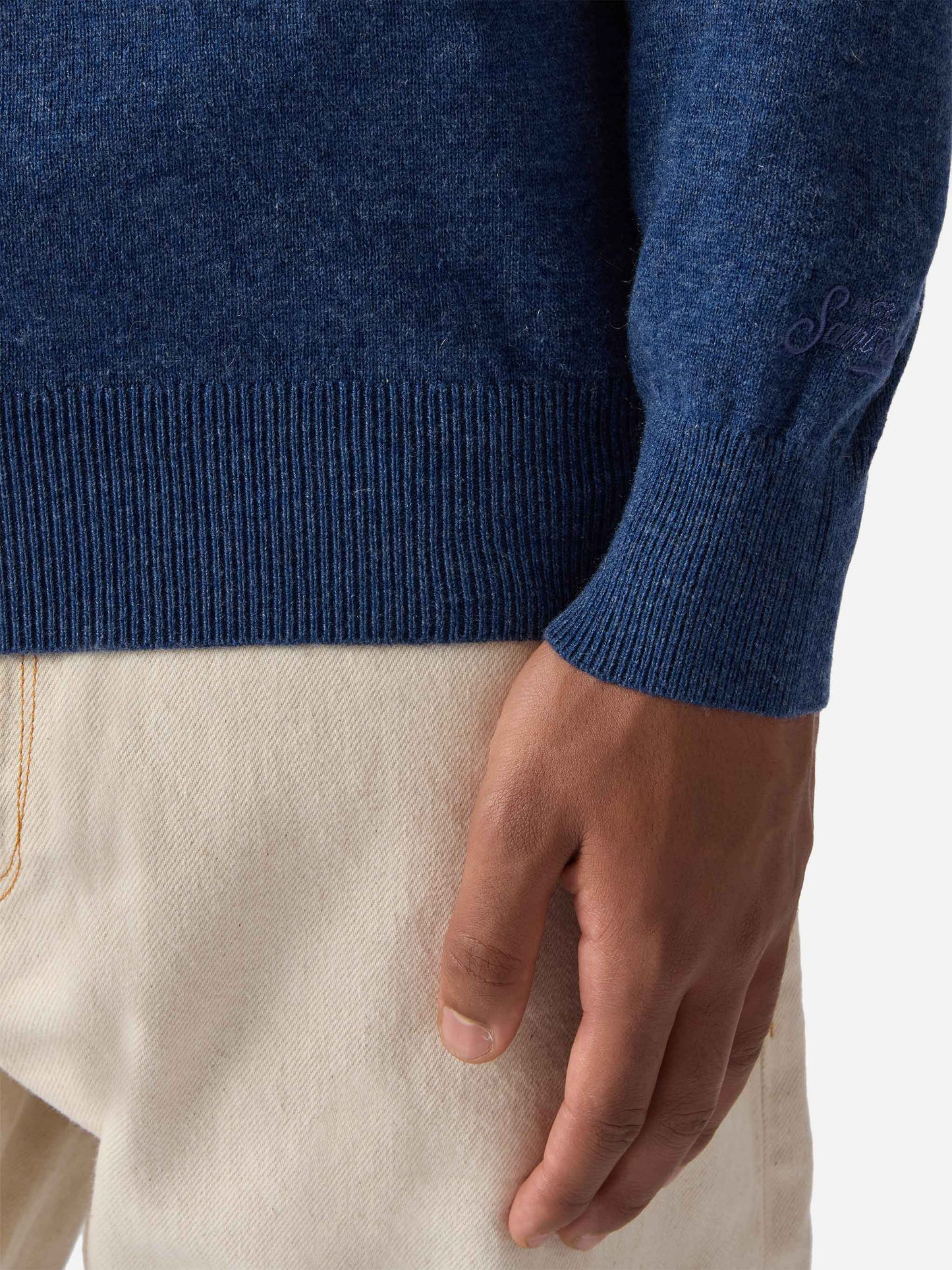 Regent-Pullover in Denimblau aus Merinowolle und Kaschmir