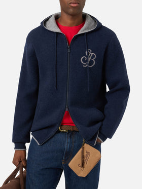 Maglia Ridge blu notte in lana con cappuccio e monogramma SB Legacy
