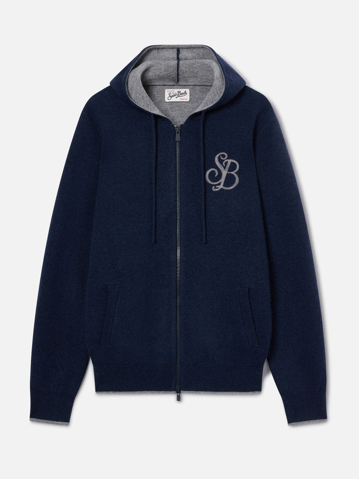Maglia Ridge blu notte in lana con cappuccio e monogramma SB Legacy