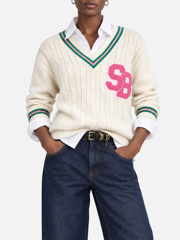 Pull col en V Roger blanc en mélange de cachemire avec patch 
