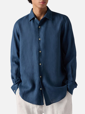 Camicia Raphael blu navy in lino con tintura minerale