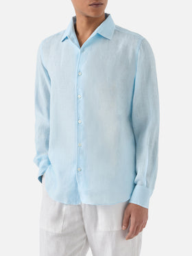 Chemise Raphael bleu clair en lin avec teinture minérale en pièce 