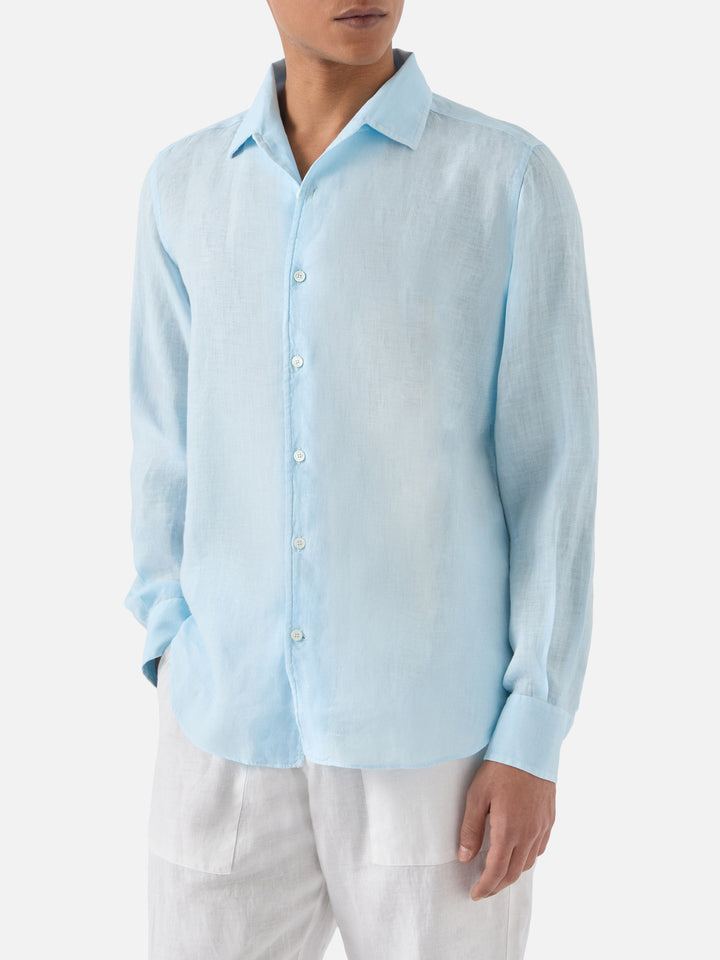 Light blue Raphael shirt in linen with mineral garment dyeing