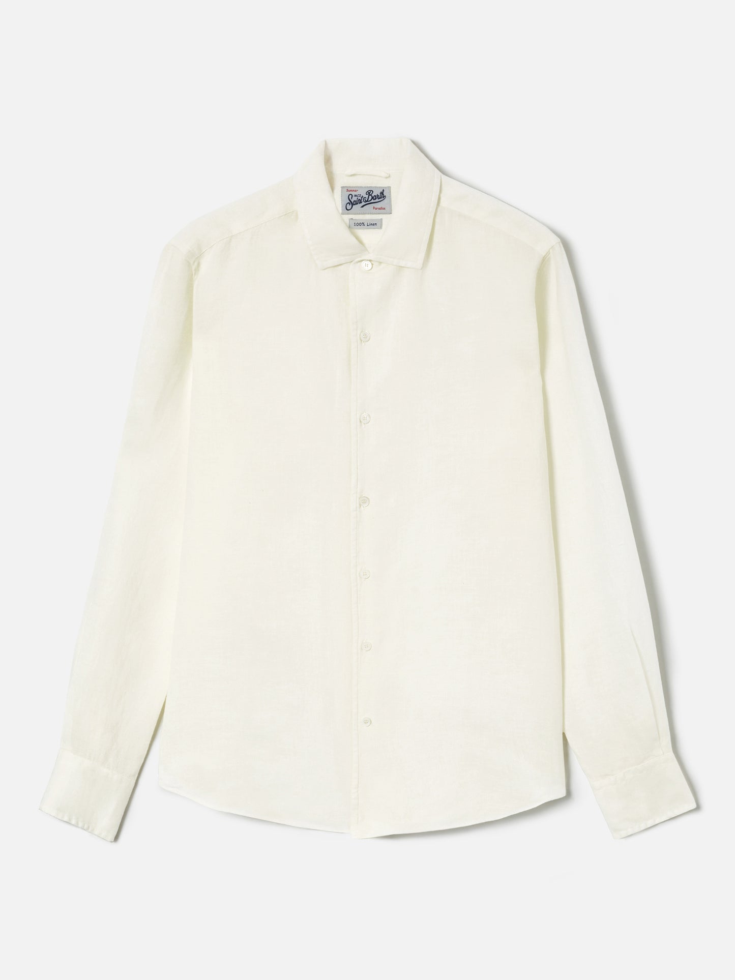 Camisa Raphael color crema en lino con teñido mineral en prenda 