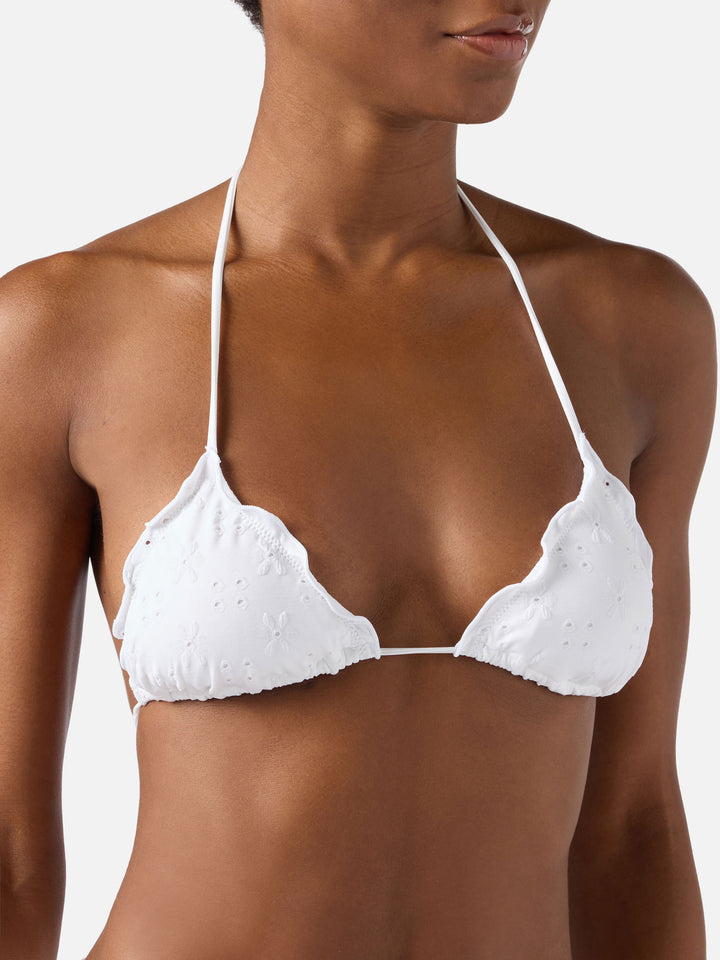 Sagittarius triangle bikini top in white sangallo