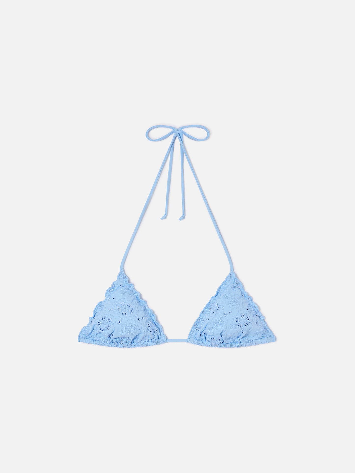 Top de bikini triangular Sagittarius en sangallo azul claro 