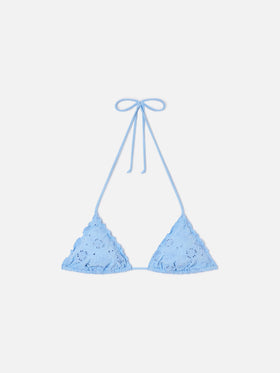 Top de bikini triangular Sagittarius en sangallo azul claro 
