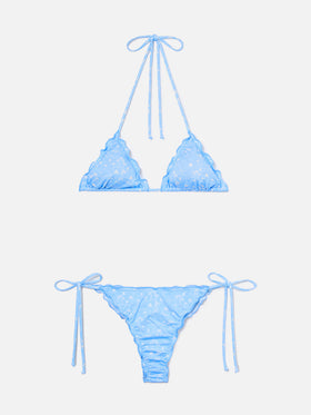 Bikini Sagitami triangolo azzurro con micro stampa tropicale all-over