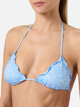 Bikini Sagitami triangolo azzurro con micro stampa tropicale all-over