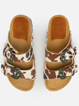 Buckle sandals in cow-print pony hair | TAJI SPECIAL EDITION