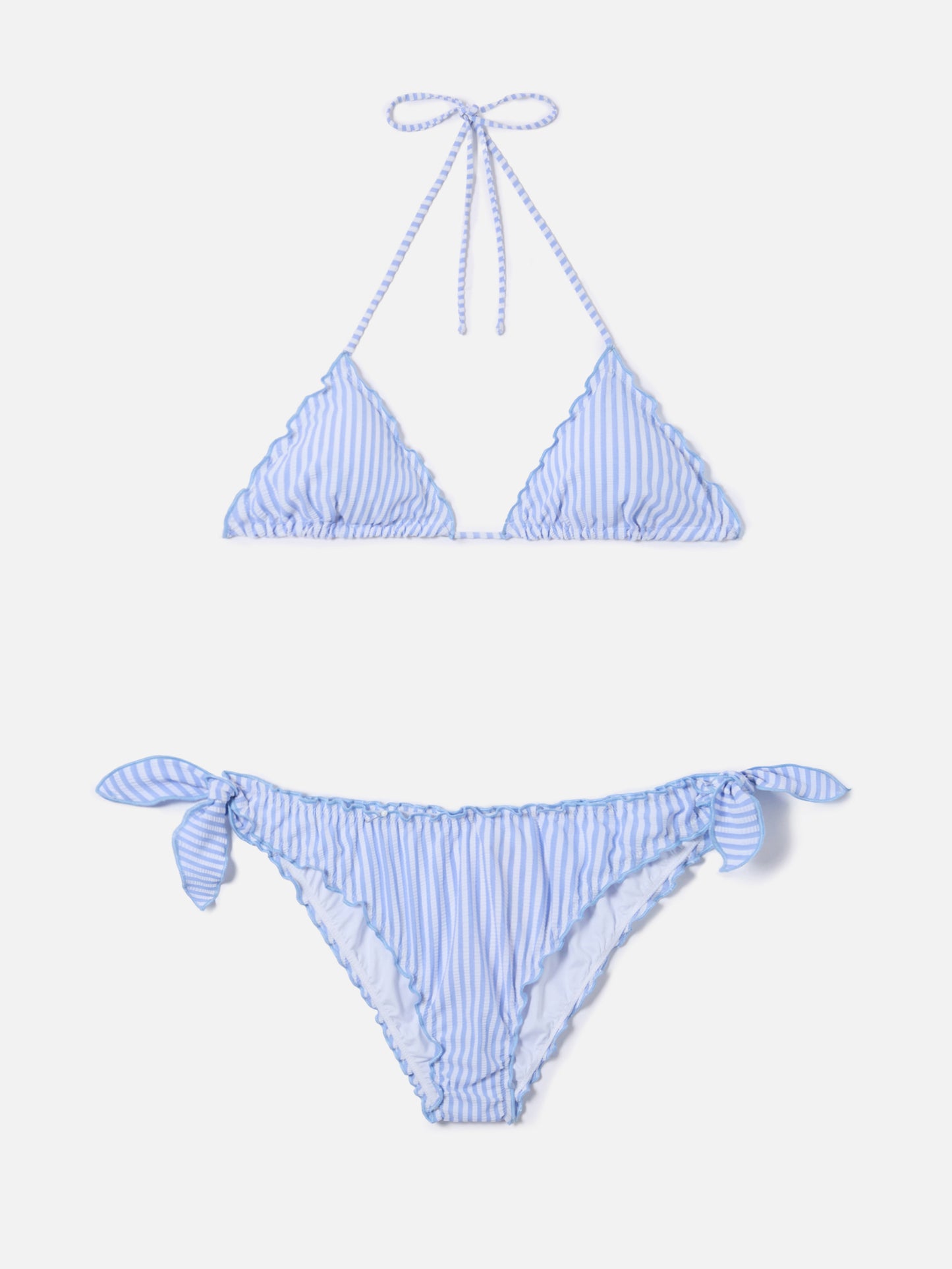 Bikini Sarius triangolo in seersucker a righe bianche e azzurre