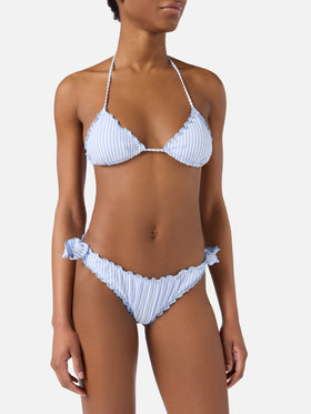 Bikini Sarius triangolo in seersucker a righe bianche e azzurre