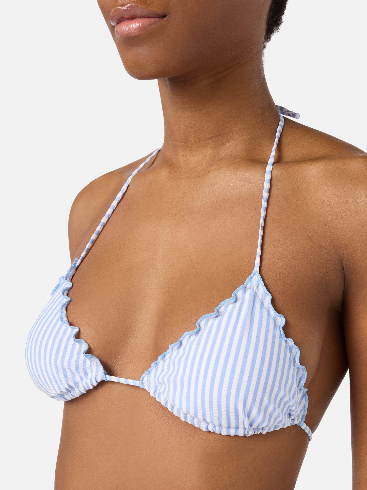 Bikini Sarius triangolo in seersucker a righe bianche e azzurre