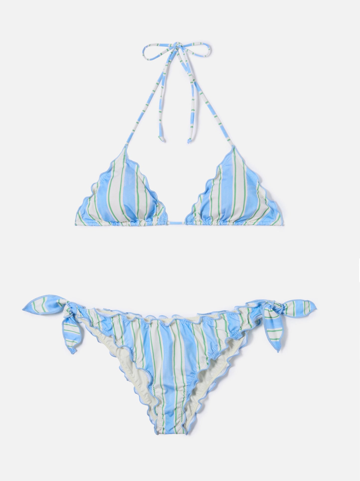 Bikini Sarius de triángulo con rayas verticales blancas y azul claro 