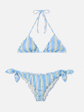 Bikini Sarius de triángulo con rayas verticales blancas y azul claro 