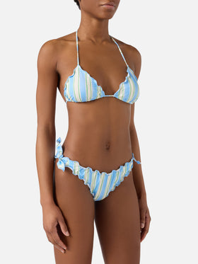 Bikini Sarius de triángulo con rayas verticales blancas y azul claro 