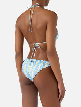 Bikini Sarius de triángulo con rayas verticales blancas y azul claro 