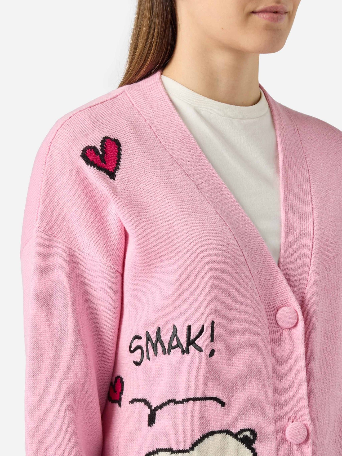Sasi Strickjacke aus Kaschmir-Mischgewebe in Rosa mit Snoopy-Jacquardmuster | PEANUTS SONDEREDITION