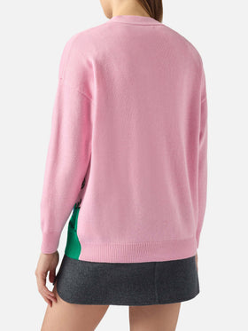 Sasi Strickjacke aus Kaschmir-Mischgewebe in Rosa mit Snoopy-Jacquardmuster | PEANUTS SONDEREDITION