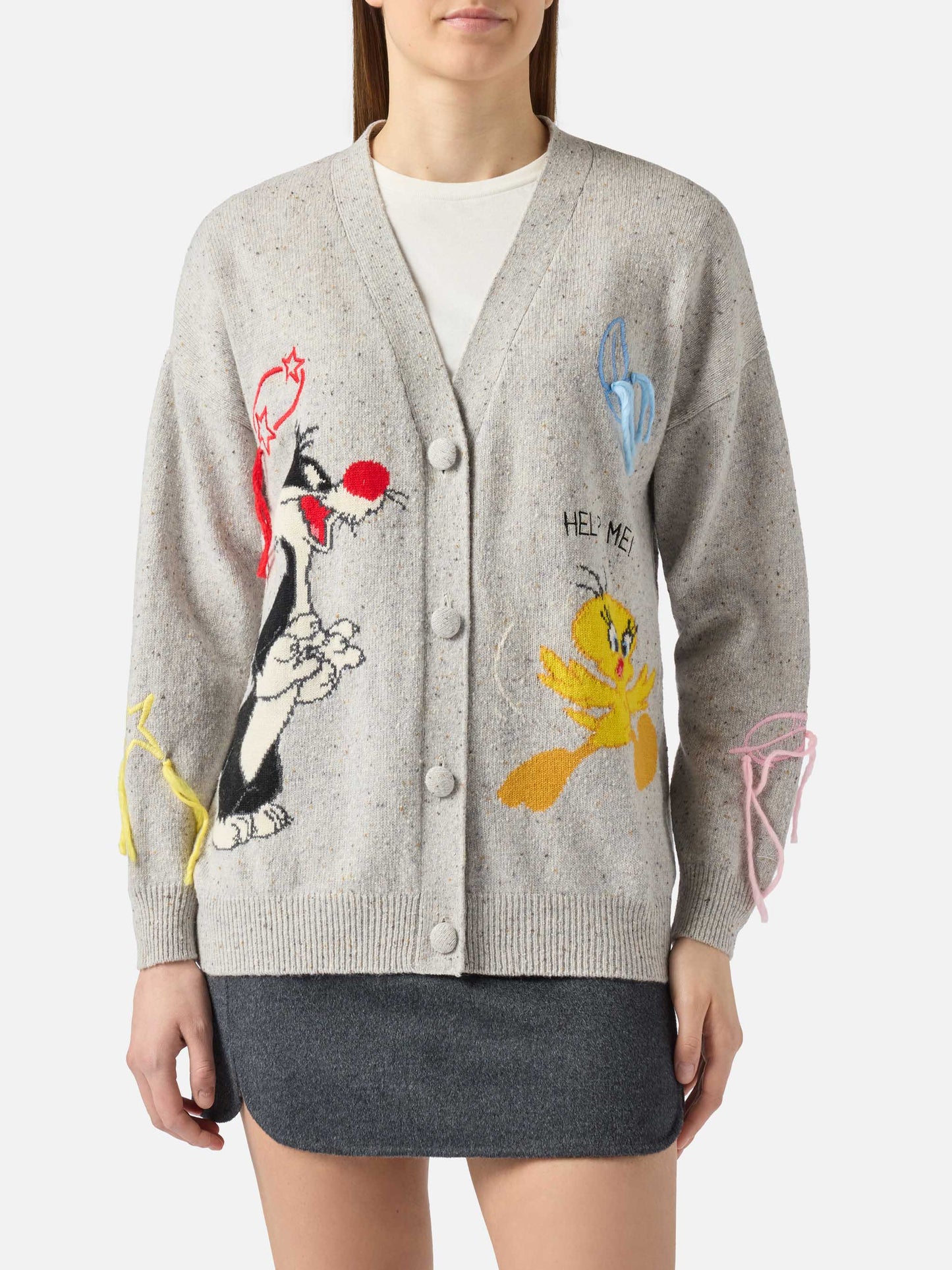 Sasi Strickjacke aus Donegal-Wollmischung mit Titti e Silvestro Jacquardmuster | WARNER BROS. SPECIAL EDITION