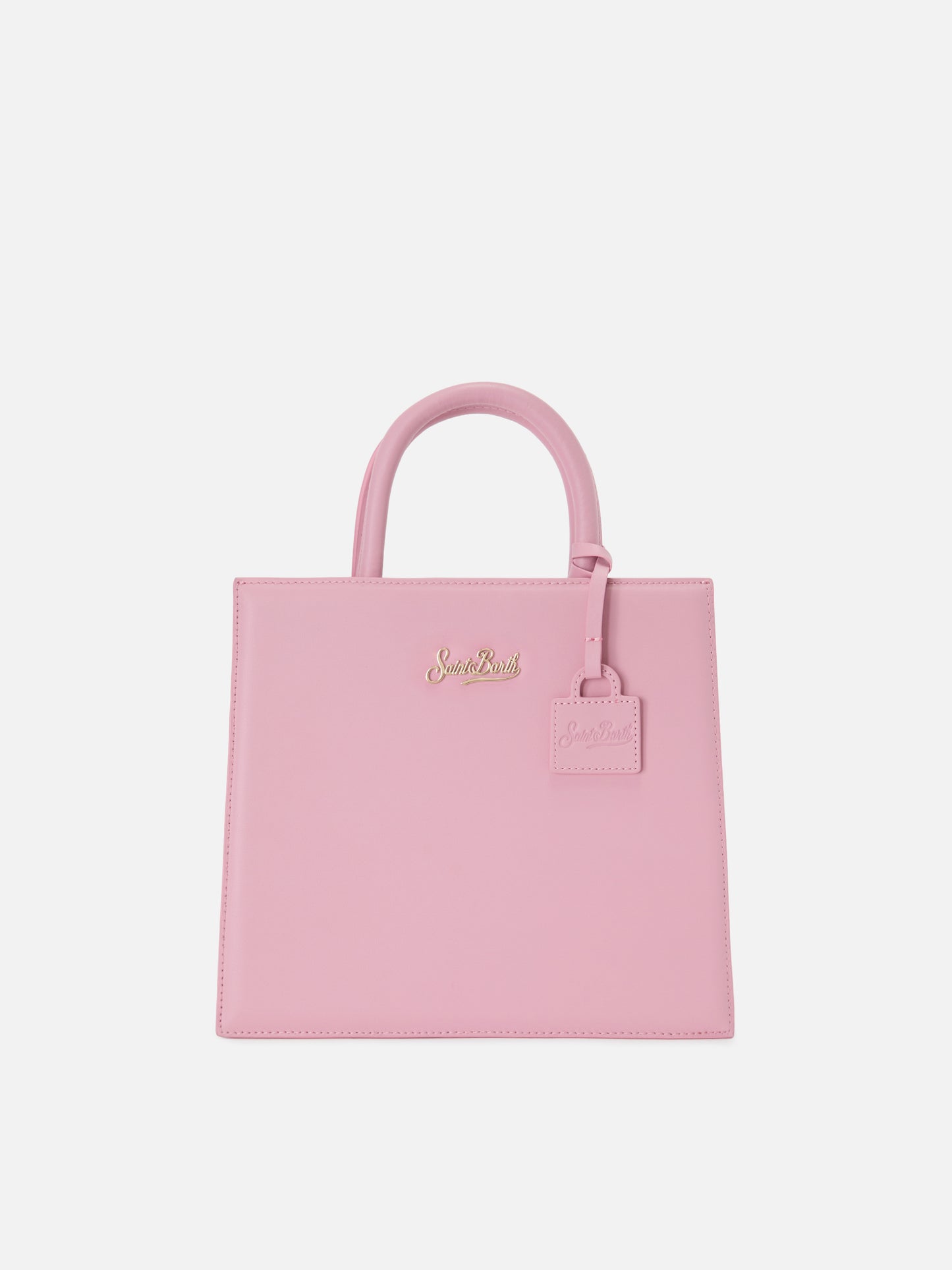 Bolso Structured Shop Midi en piel lisa rosa con etiqueta metálica 