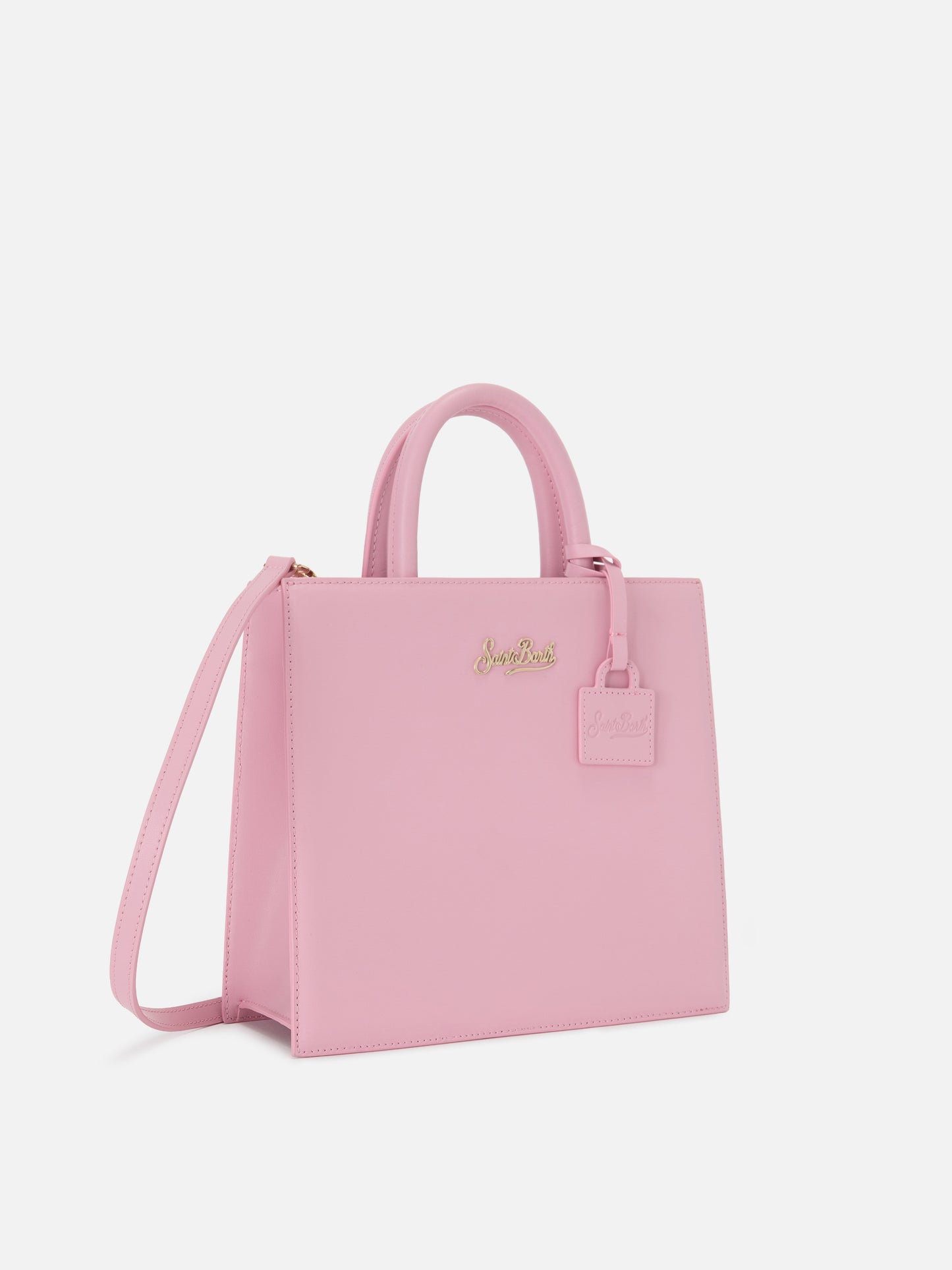 Bolso Structured Shop Midi en piel lisa rosa con etiqueta metálica 