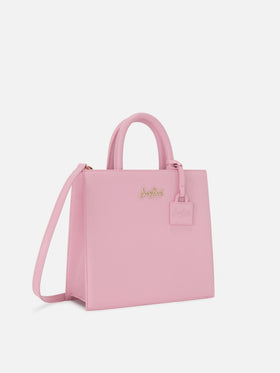 Bolso Structured Shop Midi en piel lisa rosa con etiqueta metálica 