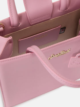 Bolso Structured Shop Midi en piel lisa rosa con etiqueta metálica 