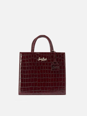 Shop Bag Midi Handtasche aus burgunderrotem Leder mit Krokodilprägung
