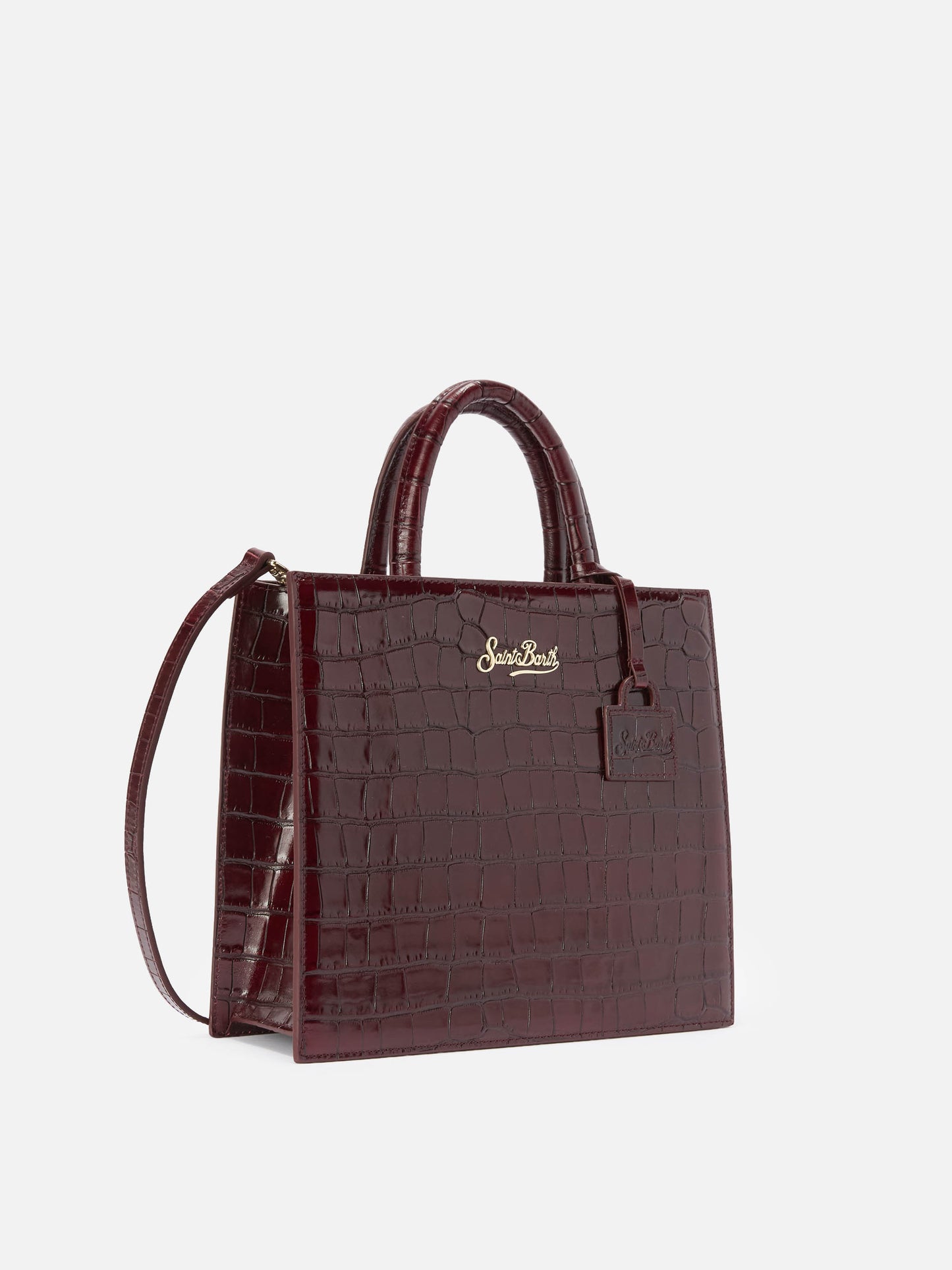 Shop Bag Midi Handtasche aus burgunderrotem Leder mit Krokodilprägung