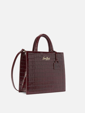 Bolso shopper mediano Bordeaux en piel con estampado croco y logotipo con letras 