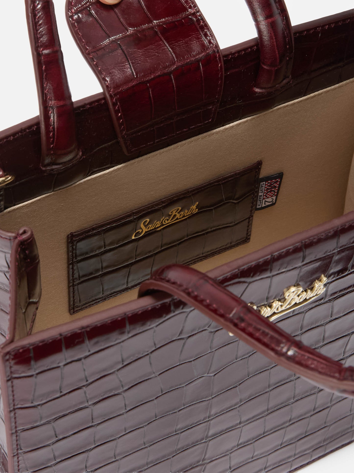 Shop Bag Midi Handtasche aus burgunderrotem Leder mit Krokodilprägung