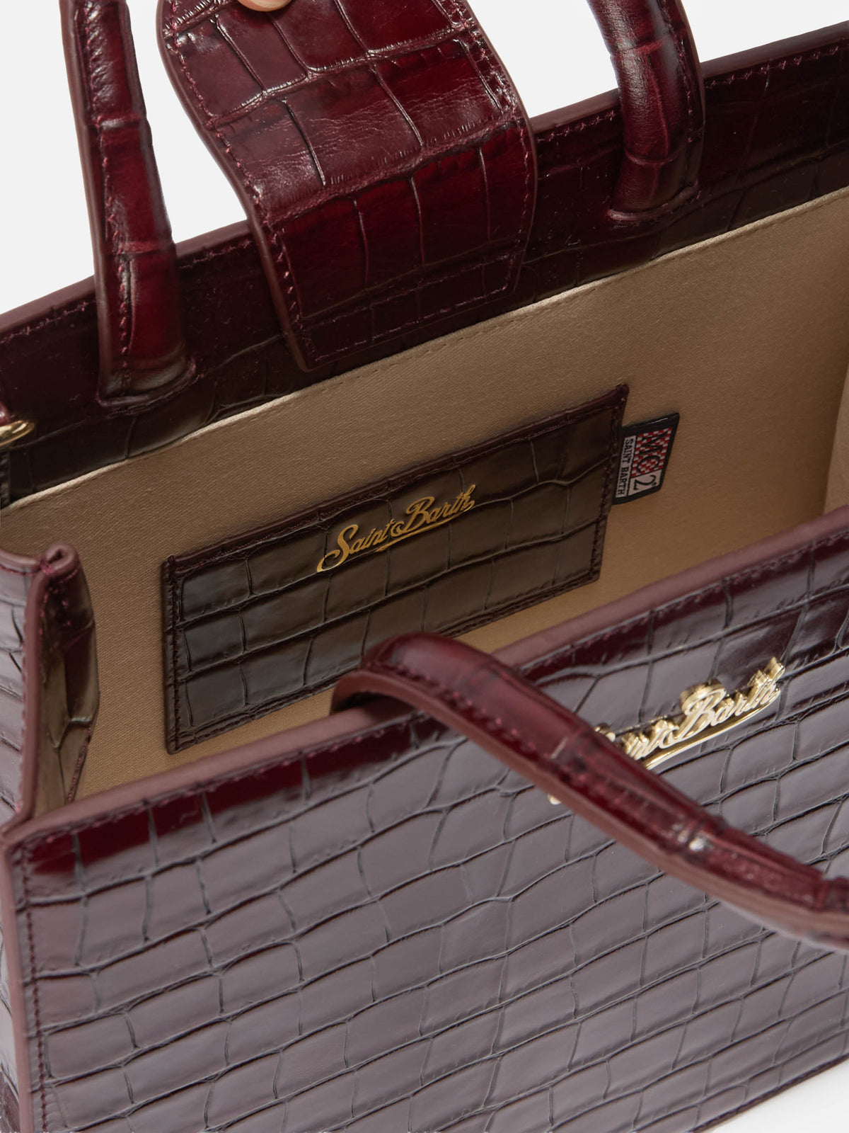 Bolso shopper mediano Bordeaux en piel con estampado croco y logotipo con letras 