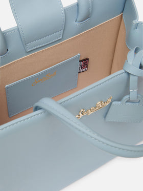 Bolso Structured Shop Midi en piel lisa azul claro con placa metálica 