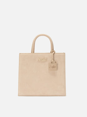 Sac shopping Medium beige en daim avec plaque logo en métal 