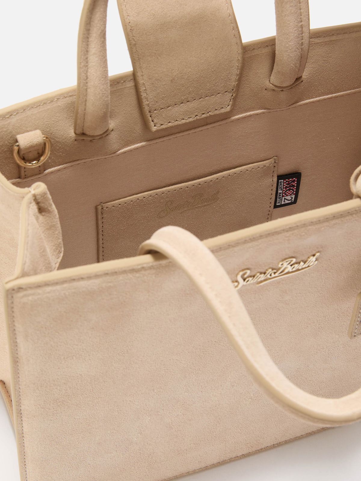 Sac shopping Medium beige en daim avec plaque logo en métal 