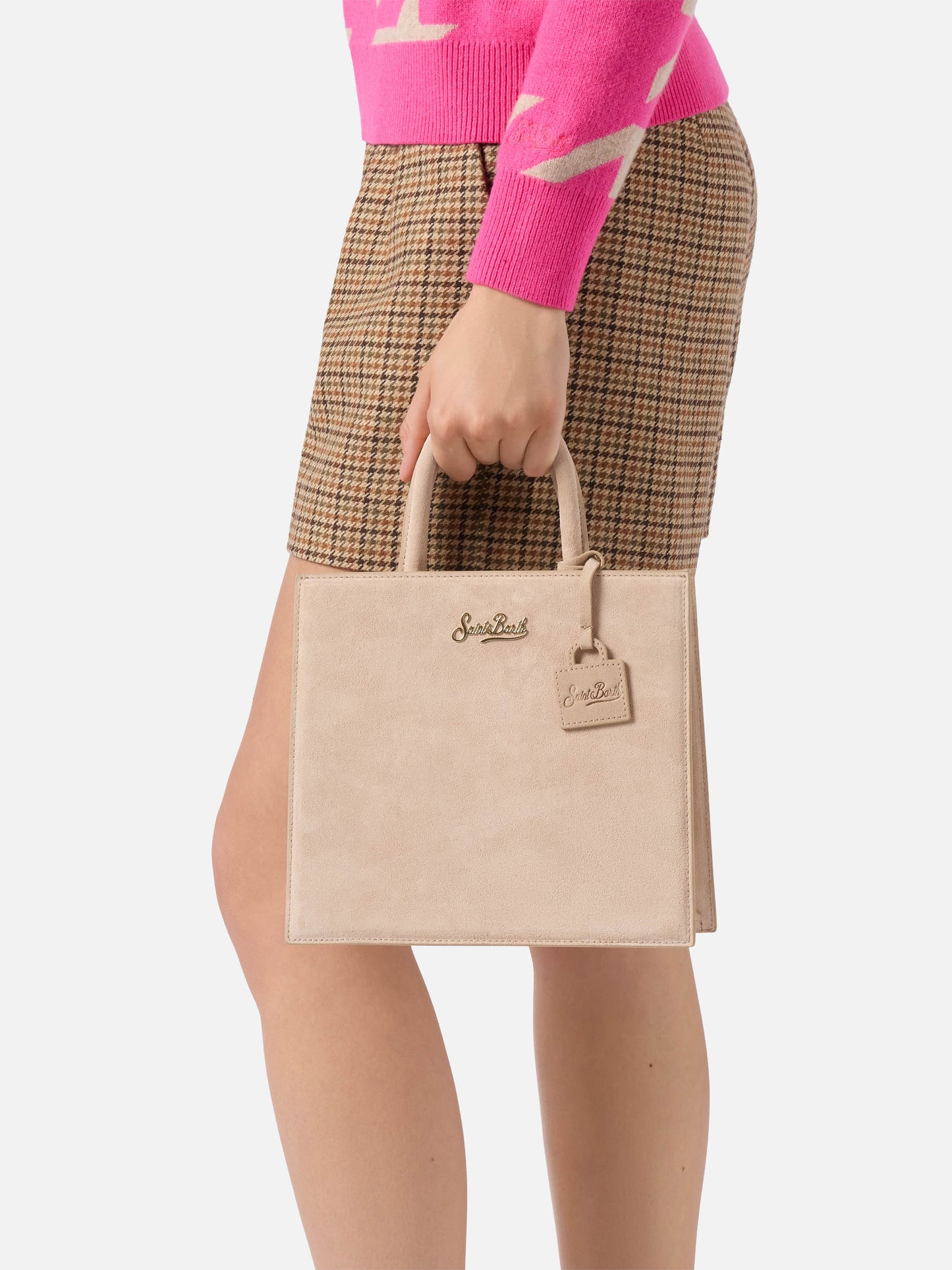 Shop Bag Midi Handtasche aus beigem Wildleder